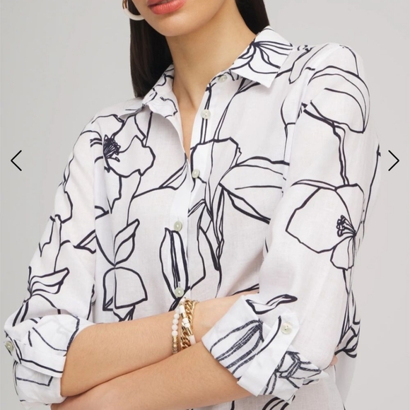 Chico's Women Linen Blouse White Black Floral Button-up Coastal Size 12 - Picture 1 of 15